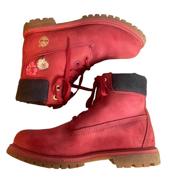 Timberland Red Water Proof Boots with Floral Embroidery **Runs Slightly Small** - Picture 3 of 8
